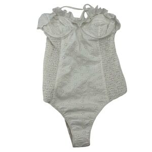 DOEN Women One Piece Swimsuit Eyelet Ruffle White Cotton Large